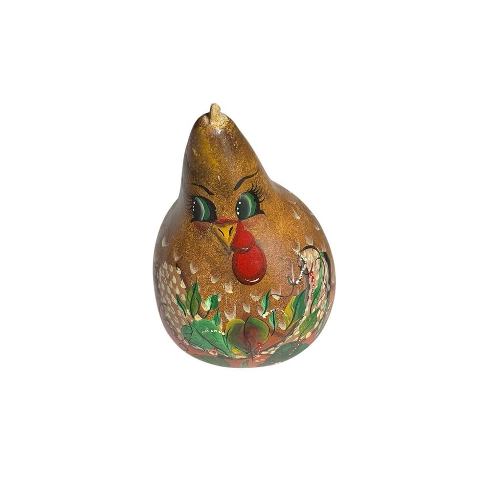 Vtg Thanksgiving Gourd Folk Art Hand Painted Farm Turkey Rustic Signed Primitive
